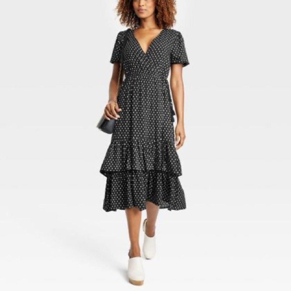 Knox Rose™ Short Sleeve Wrap Dress, NWOT- Black with mini white print